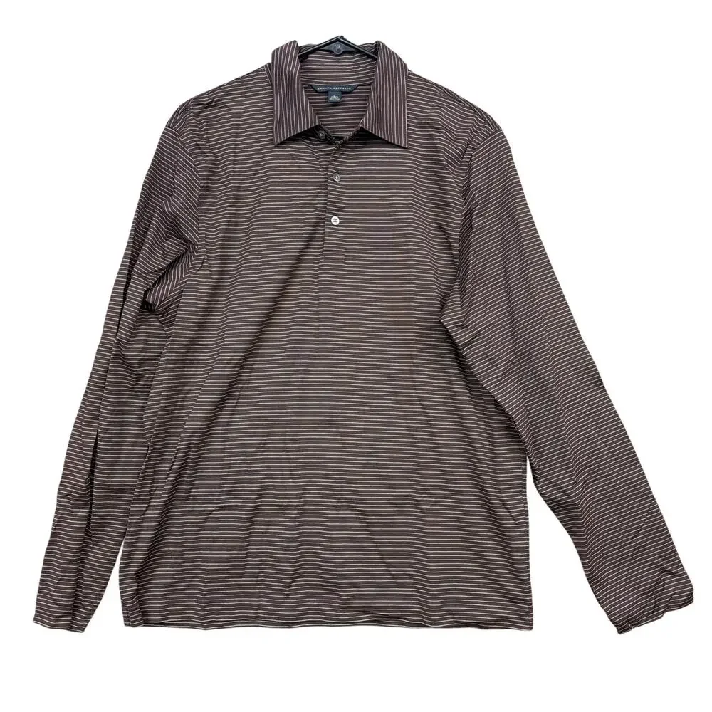 Banana Republic Mens Shirt Brown Cream Pinstripe Collared Henley Long Sleeve L